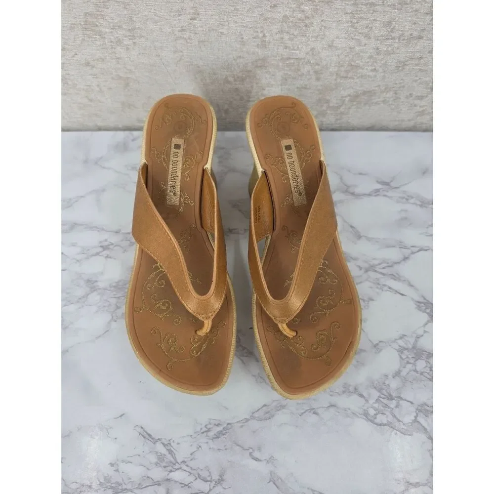 Y2K Vintage Wedge Platform Thong Sandals in Tan Leather Sttraps